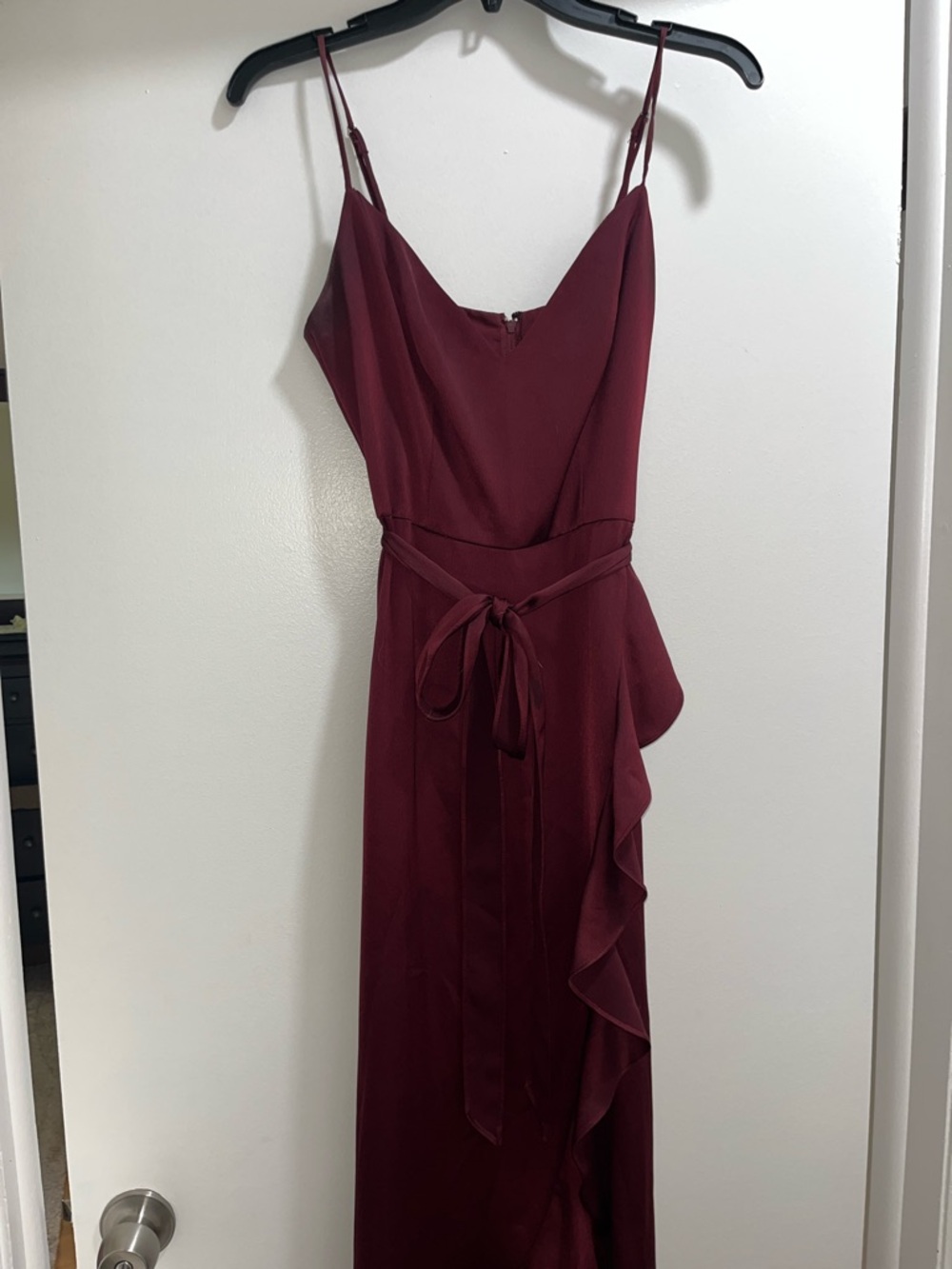 David's Bridal Burgundy Spaghetti-Strap Ruffle Maxi Dress with Waist Tie